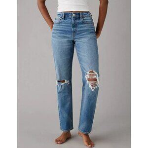 AEO Stretch Super High-Waisted Ripped Ankle Straight Jeans Rise Waist Destroyed